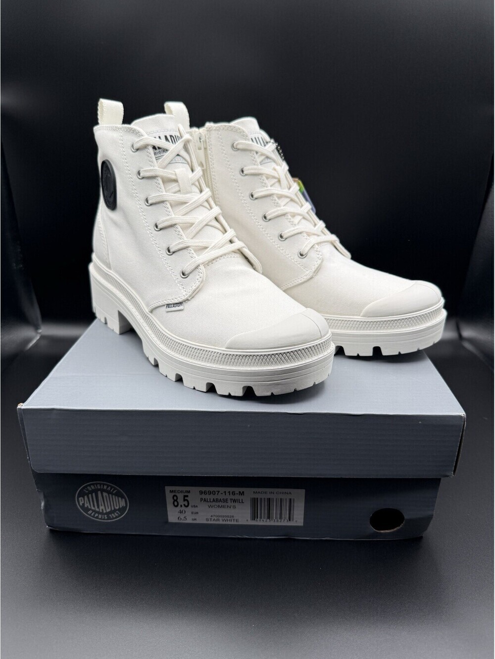 Palladium Pallabase Twill Shoes Womens Size 8.5 Star White Boots Ortholite Eco